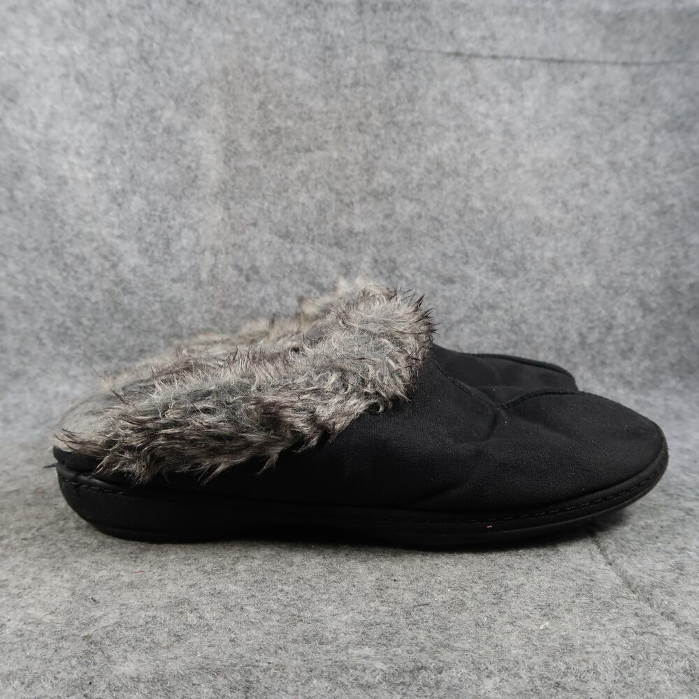 DearFoams Shoes Womens 9 Slippers Slip On Faux Fur Mule Clog Black Gray Comfort
